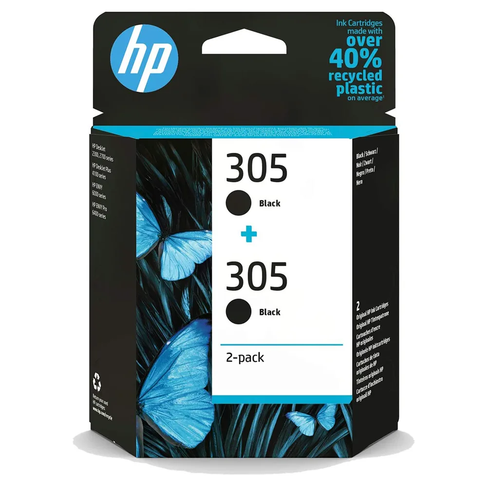 2x Original HP 305 Black Ink Cartridge
